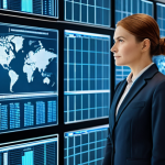 A focused business strategist, fully clothed in a modest professional suit, stands in a high-tech global operations center. Behind them, an intricate holographic display illustrates a dynamic, interconnected global supply chain, showcasing digital twin simulations, AI-driven logistics, and secure blockchain nodes representing diversified production facilities worldwide. The scene emphasizes resilience and digital transformation in trade. Perfect anatomy, correct proportions, natural pose, well-formed hands, proper finger count. Professional photography, high quality, safe for work, appropriate content, family-friendly.