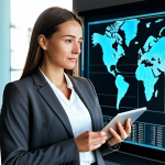 A professional international business consultant, a woman in a modest charcoal grey business suit and a crisp white shirt, standing confidently in a sunlit, modern hybrid office space. In the background, subtle holographic projections of global market data and interconnected lines float around a large, contemporary desk with a high-tech tablet. She is looking forward with an insightful and empathetic expression, one hand gently resting on the tablet, symbolizing the integration of AI-driven analysis with human intuition and experience. The pose is natural and professional. Perfect anatomy, correct proportions, well-formed hands, natural body proportions, professional photography, high quality, safe for work, appropriate content, fully clothed, professional dress.